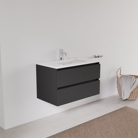 Inda - Badezimmerschrank 2 Schubladen L.80 mit quadratischem Waschbecken - Schwarzer Ledereffekt (1/5)