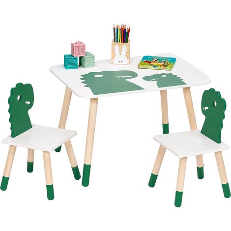 Relaxdays Kids' Table & Chairs Set, Dinosaur Design, for Girls & Boys, Children's Room Seating, White/Green (1/5)