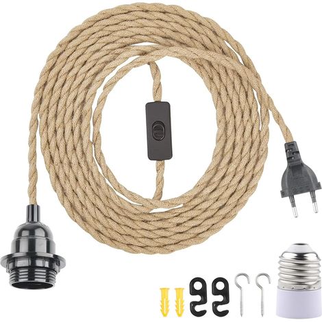 Douille de Lampe E27 Vintage avec Interrupteur et Câble 8m en Corde  Chanvre Tressée Vintage Anneau à Vis pour DIY Lampe Suspension Lumière Pendante Industrielle pour Salon Chambre Bar (1/5)