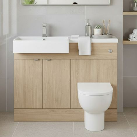Hudson Reed Fusion LH Combination Unit with Square Semi Recessed Basin 1100mm Wide - Bleached Oak (1/4)