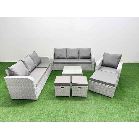 Fimous 10 Seater Poly Rattan Outdoor Garden Furniture Square Coffee Table Sofa Set Patio 3 Seater Sofa Reclining Chair 3 Seater Sofa 3 Stools Light Grey (1/4)
