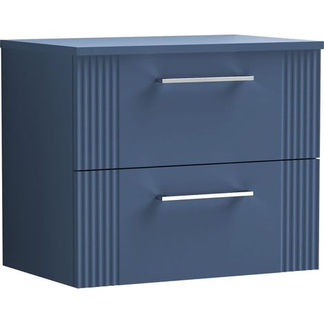 Belvide Partial Fluted 2 Drawer Wall Hung Vanity Unit with Colour Coordinating Laminate Worktop - 600mm - Satin Blue