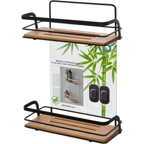 Mensola Rettangolare per Bagno in Acciaio Colore Nero Opaco 2 ripiani Bambu' 26,5x10x36H cm (1/3)