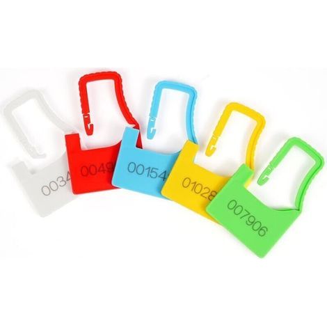 Lot de 100 scellés de sécurité en plastique (type cadenas), numérotés séquentiellement, avec code-barres et rondelle, disponibles en 5 couleurs. (1/5)