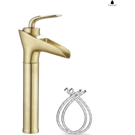 Robinet Salle de Bain Or Brossé Cascade Haut Robinets de Lavabo en Laiton Massif,Antique Rétro Mitigeur évier Lavabo,Chaude et Froide Réglable,Valve en Céramique，G3/8