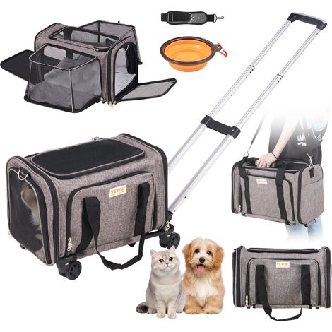 Sac à Roulettes pour Chat Chien 11,3 kg Sac de Transport Chats Poignée Télescopique Bandoulière Gamelle Pliable Transporteur Roulant Fermeture Éclair Autobloquante pour Animaux de Compagnie Gris (1/5)