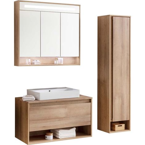 Fackelmann NATURA Badmöbelset 4-teilig, 94 cm, Braun hell + Spiegelschrank + Hochschrank"-"90231145 (1/5)