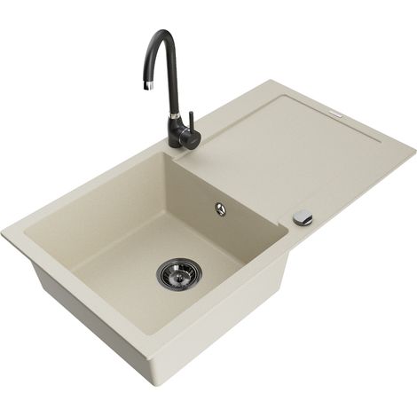 Mexen Leo 1 Becken-Granitspüle mit Abtropffläche und Mischbatterie Telma, Beige - 6501-69-670200-70 (1/5)