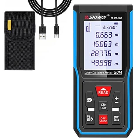 Télémètre laser rechargeable 50M, précision ±2mm, commutateur d'unité M/in/ft, 9 modes (avec batterie) (1/5)