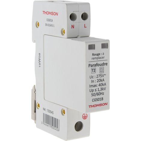 Thomson – Parafoudre modulaire Ph+N T2 – 40kA de coupure – Protection 1,3kV pour réseau 230V – Conforme norme EN 61643-1 (1/4)