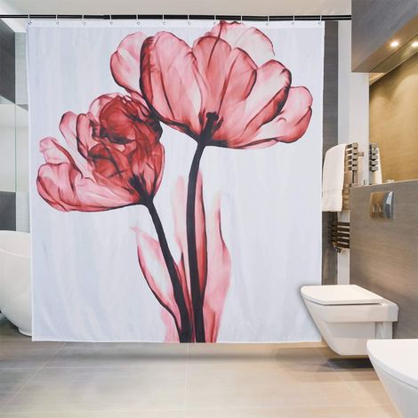 Rideau de douche imperméable 3D avec 12 anneaux de fixation, en polyester imprimé fleur de lotus, 180 x 180 cm (1/5)