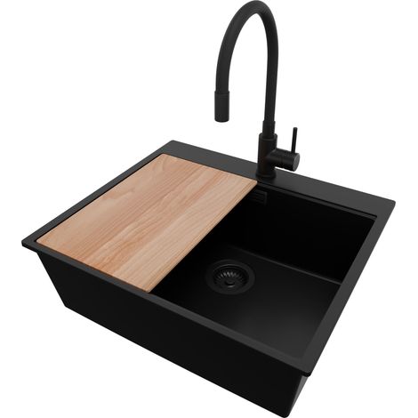 PRIMAGRAN Evier Cuisine en Granit 58x50cm, Lavabo 1 bac + Robinet 40x38cm + Kit de Vidage + Accessoire, Évier à Encastrer au meuble 60cm - Oslo, Tout Noir (1/5)