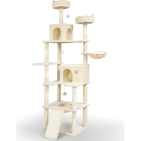 Arbre à Chat Géant avec Griffoir Arbre à Grimper pour Chat Centre d’Activités avec 2 Niches et 3 Plateformes pour Félins Accessoires Inclus Hauteur 215 cm Beige (1/5)