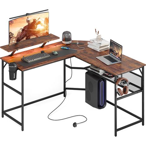 Eckschreibtisch in L-Form, LED-Gaming-Computertisch mit Monitorständer, Braun, Mondeer (1/5)