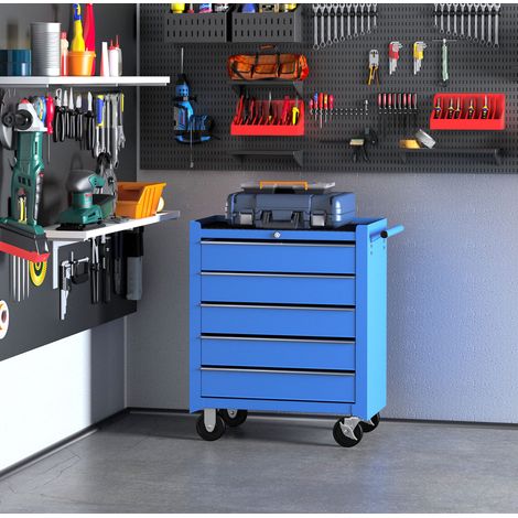 Carro portaherramientas con 5 cajones de acero azul, mueble de taller OKWISH (1/5)