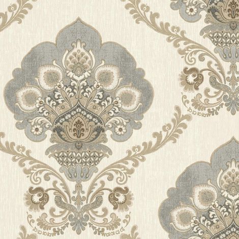 Wallquest Chatsworth Damask Grey Wallpaper Classic Traditional Acrylic Coated (1/4)