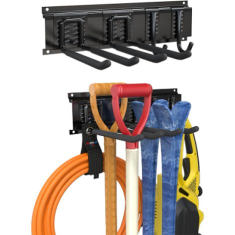 Porte-Outils de Jardin Mural 40cm, Rangement Acier Inoxydable avec Rail Coulissant et 4 Crochets pour Garage ou Jardin (1/5)