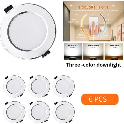 (Lumière tricolore - 6 spots - 15 W) Spot encastré LED rond, panneau LED dimmable, 3 couleurs (1/5)