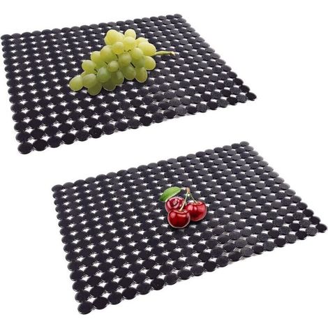 Lot de 2 tapis d'évier de cuisine pour éviers en acier inoxydable/céramique, protections écologiques en PVC pour fond d'évier, réglables, évacuation rapide, motif à pois, 30 x 40 cm (noir) (1/4)