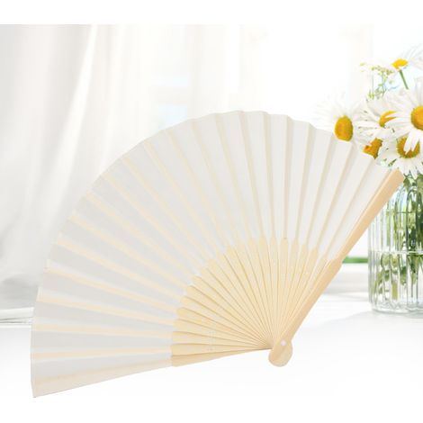 Éventail traditionnel pliant chinois en tissu avec étui - Cadeau décoration vintage (Beige) (1/4)