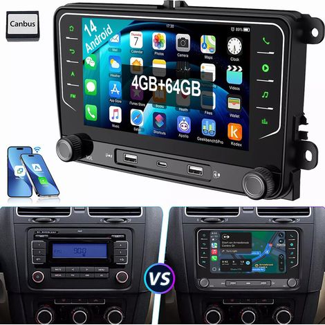 Pour VW Golf 5 6 Touran Passat Tiguan Jetta Polo autoradio Android 14 Carplay GPS 2+64G