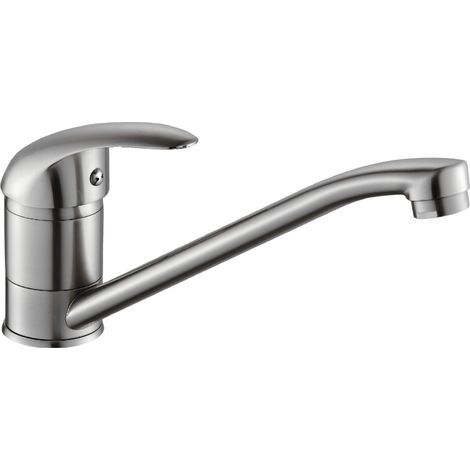 Mitigeur évier design inox à bec mobile, corps en laiton, cartouche céramique 40mm avec limiteur de débit, kit fixation et flexibles tressés inox 35cm inclus (1/3)
