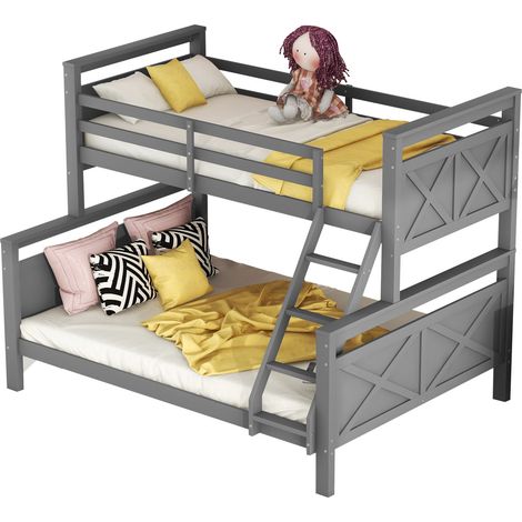 Lit superposé bois gris 90x200 et 140x200, convertible en 2 lits séparés, avec échelle inclinée et barrière de sécurité, pour enfants, CHICFURN (1/5)