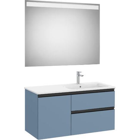 Pack meuble "The Gap" 1000 - 2 tiroirs + 1 porte + lavabo à droite slim + miroir LED - bleu mat/ poignées noires - Roca (1/2)