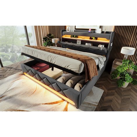 Polsterbett 160x200 cm aus grauem Leinen mit USB, Stauraum und LED, ohne Matratze – MEUBLIV (1/5)