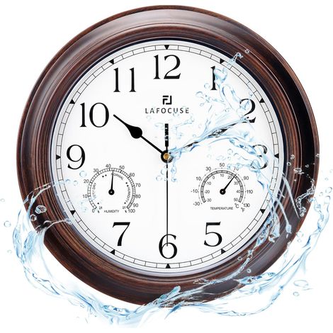 30cm Horloge Murale Exterieure Etanche avec Thermomètre et Hygromètre, Acajou Pendule Murale Retro, Silencieuse Shabby Chic Deco pour Exterieur, Jardin, Balcon, Salle de Bain, Cuisine (1/5)