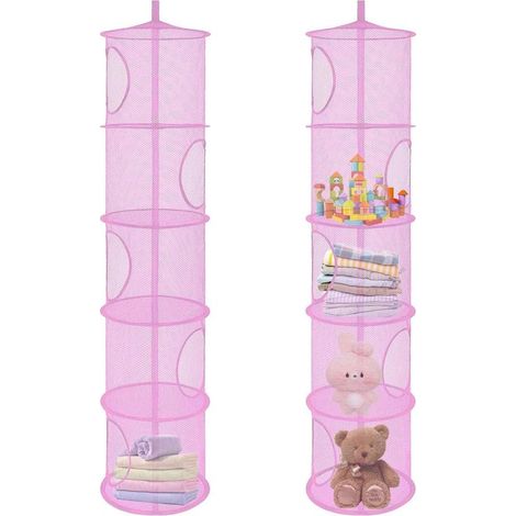 Set mit 2 faltbaren, 5-teiligen Hängeaufbewahrungs-Netztaschen – Hängeaufbewahrungsbeutel für Kuscheltiere – Für Kinderzimmer und Balkon – Rosa (1/5)