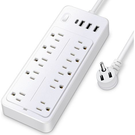 Regleta 14 en 1 con protección contra sobretensiones, 10 tomas de corriente alterna, 3 puertos USB, 1 puerto USB tipo C, cable de 1,2 m, carcasa de ABS con protección automática contra sobretensiones,