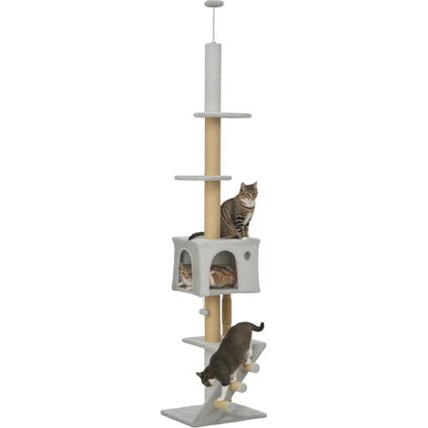 Árbol para gatos de suelo a techo de 225-255 cm árbol rascador para gatos con altura ajustable múltiples plataformas escalera bola colgante gris claro (1/5)