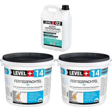LEVEL+ Fertigspachtel 40kg Spachtelmasse und Acryl Tiefengrund 5L SET602