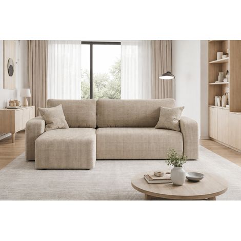 Divano angolare reversibile PIANIOO L trasformabile – Velluto a coste beige, funzione letto, ampio vano contenitore, angolo universale sinistro/destro