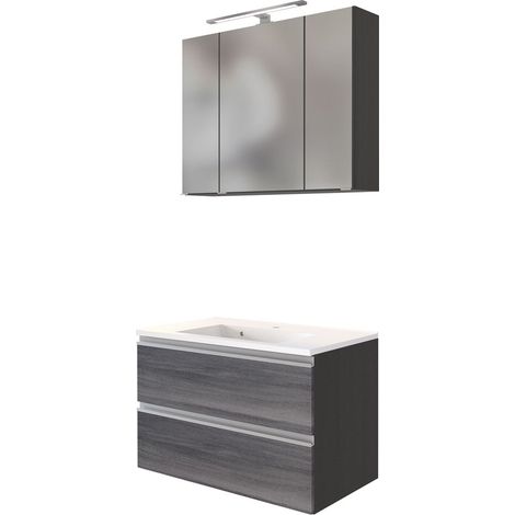 Waschtisch-Set 80cm in Eiche rauchsilber APIA-03 mit LED-Spiegelschrank, B/H/T ca. 80/200/48 cm (1/5)