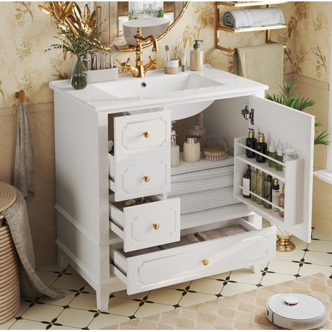 Mueble lavabo 76,5x47x87,5 cm de MDF blanco con almacenaje para baño – MEUBLIV (1/5)