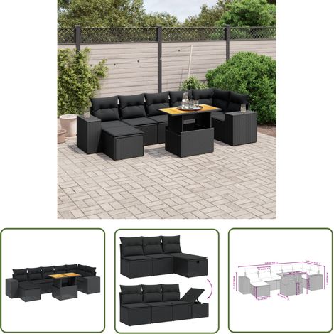 The Living Store 8-tlg. Garten-Sofagarnitur mit Kissen Schwarz Poly Rattan - Gartenmöbel Set - PE-Rattan Möbel - Outdoor Lounge - Garten Sofa - Balkon Möbel (1/4)