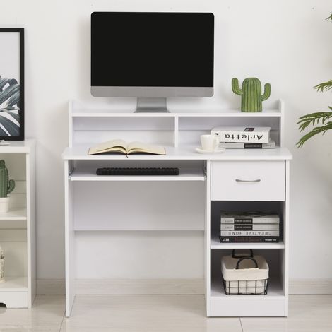 Kompakter Computertisch, weißer, feststehender PC-Tisch aus Holz mit ausziehbarer Tastaturablage und Regalen, 104 x 48 x 95,5 cm