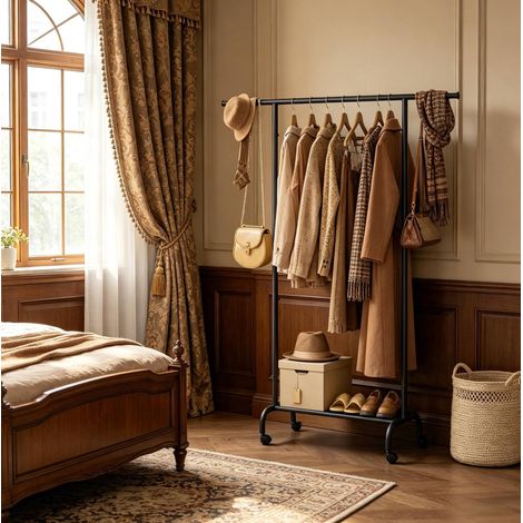 Portant à vêtements 84-124x40x156 cm noir en métal et tissu Oxford avec roulettes et barre extensible (1/5)