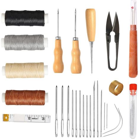 Kit de couture en cuir avec 4 bobines de fil, aiguilles, alènes et outils