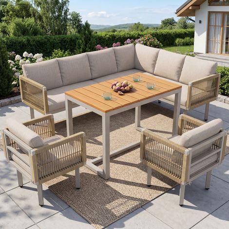 Salon de jardin lounge 6 pièces, canapé d’angle avec 2 fauteuils et table, structure acier résistante, corde tressée, Beige (1/5)