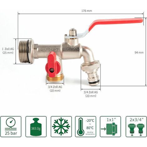 Robinet double de jardin, robinet en laiton, robinet double BSP 3/4 pouces de haute qualité (1/4)