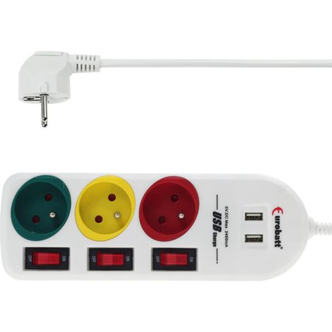 Multiprise avec interrupteurs, 1,5 m, prises USB 5, blanche