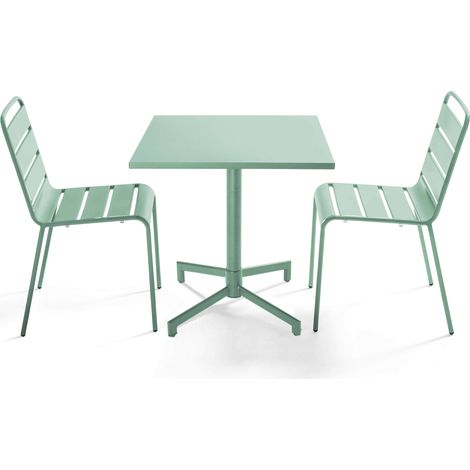 Ensemble table 70 cm et 2 chaises de jardin en métal vert sauge - Palavas