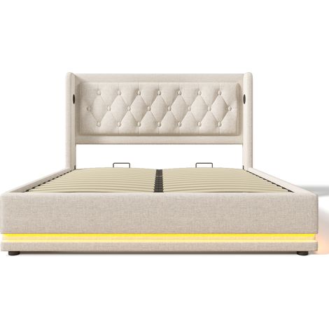 Cama doble capitoné 180x200 cm beige de algodón con almacenaje hidráulico, LED y USB-C (1/5)