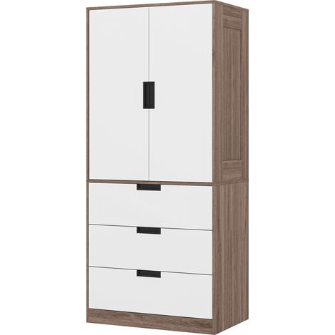 Modern Clos Storage Cupboard Unit, 3 Drawer 2 Door Wardrobe with Hanging Rod, White/Brown (1/5)