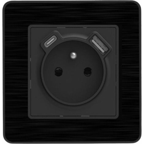– Prise encastrable 2P+T 16A avec 2 ports USB A et USB-C 2,4A – Acier inox brossé noir – Installation affleurante