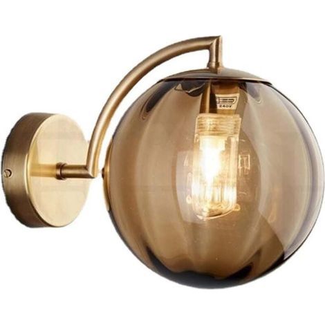 Applique murale boule en verre ambré. globe en verre ambré avec base dorée. applique murale de chevet (ambre) (1/4)