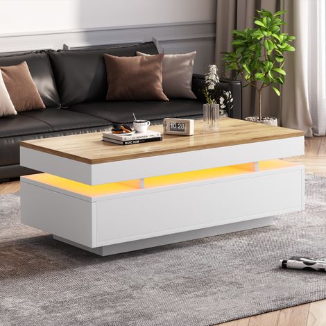 DESMIU Table basse 100 × 50 × 35 cm avec 2 tiroirs et LED, pour salon, en panneau de particules, blanc bois (1/5)